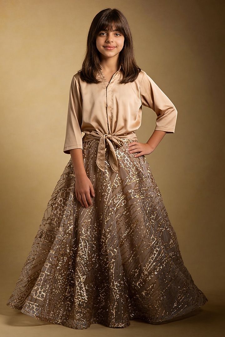 Beige Satin Sequin Embroidered Lehenga Set For Girls by Fayon Kids at Pernia's Pop Up Shop