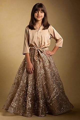 Beige Satin Sequin Embroidered Lehenga Set For Girls by Fayon Kids