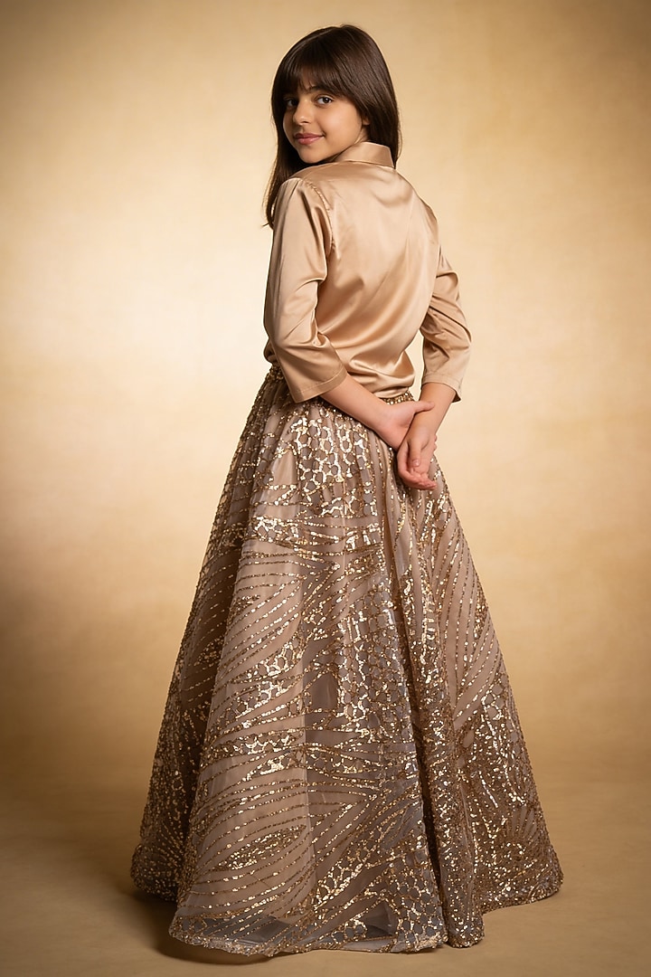 Beige Satin Sequin Embroidered Lehenga Set For Girls by Fayon Kids at Pernia's Pop Up Shop