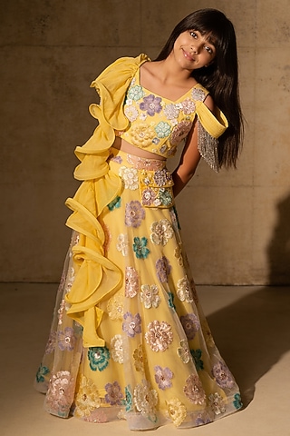 Yellow Net Sequin Embroidered Lehenga Set For Girls by Fayon Kids