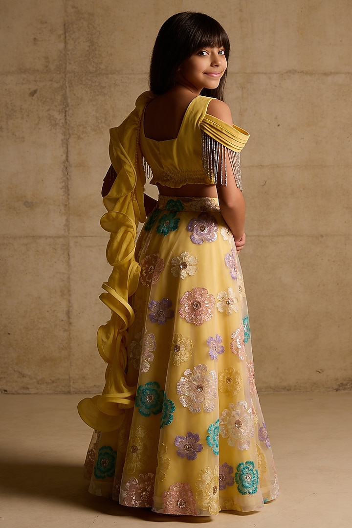 Yellow Net Sequin Embroidered Lehenga Set For Girls by Fayon Kids at Pernia's Pop Up Shop