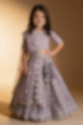 Grey Net Sequin Embroidered Lehenga Set For Girls by Fayon Kids at Pernia's Pop Up Shop