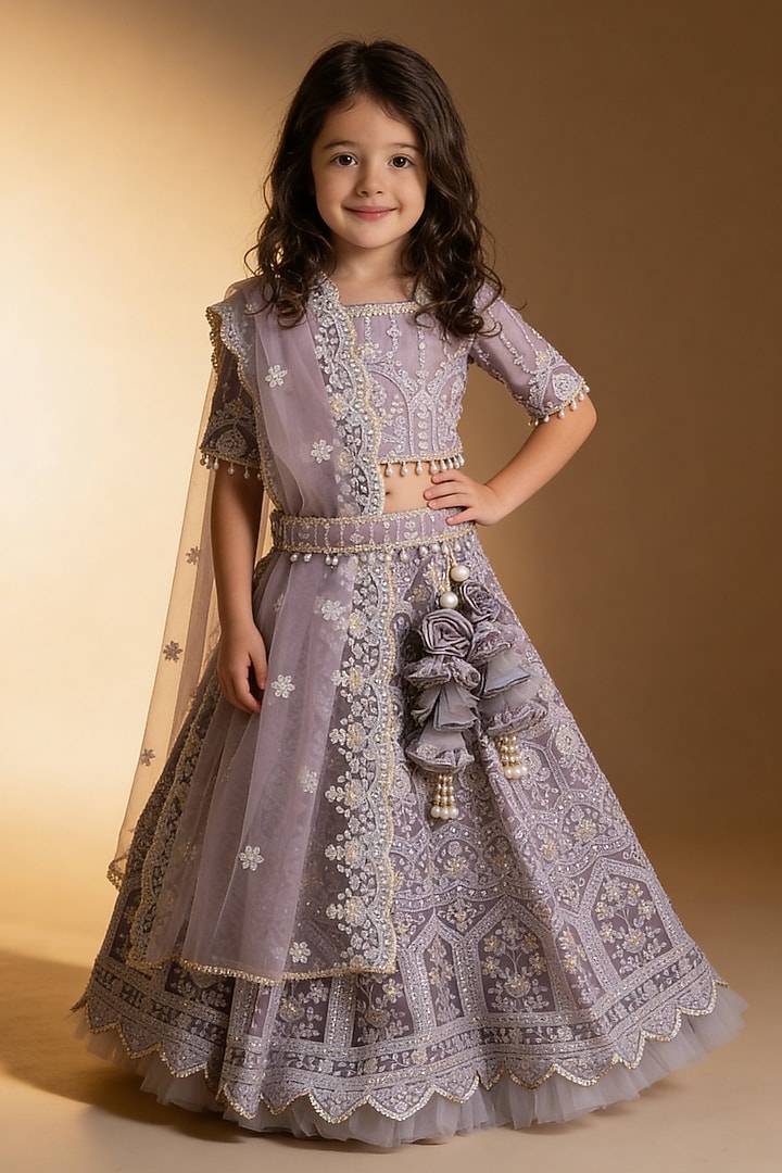 Grey Net Sequin Embroidered Lehenga Set For Girls by Fayon Kids at Pernia's Pop Up Shop