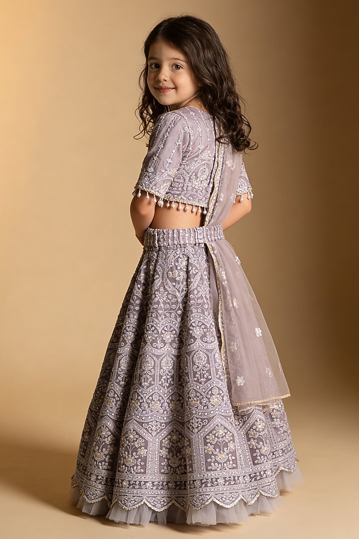 Grey Net Sequin Embroidered Lehenga Set For Girls by Fayon Kids at Pernia's Pop Up Shop