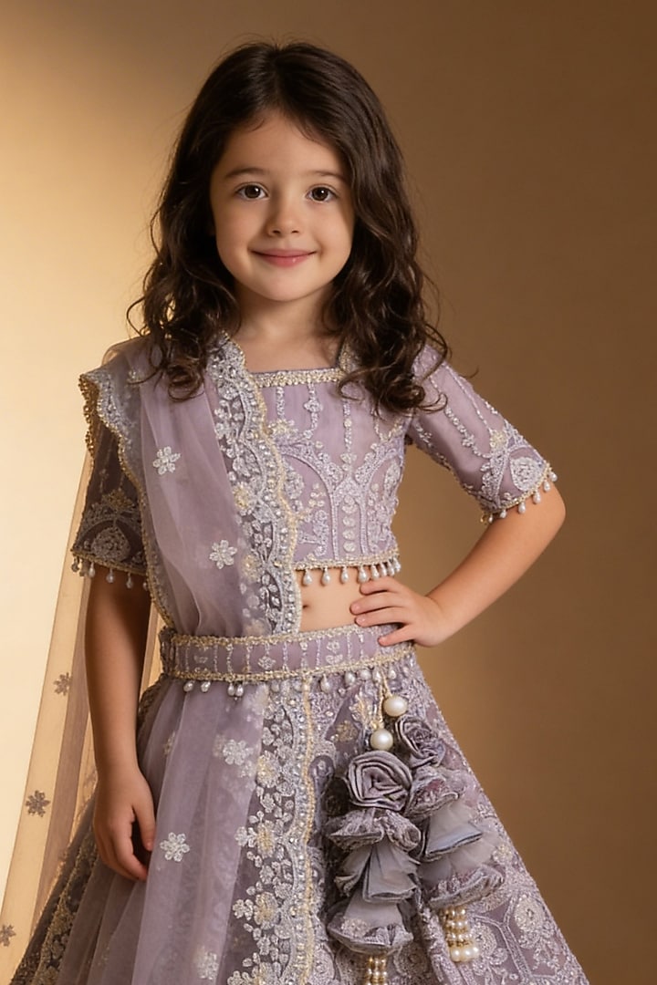 Grey Net Sequin Embroidered Lehenga Set For Girls by Fayon Kids at Pernia's Pop Up Shop