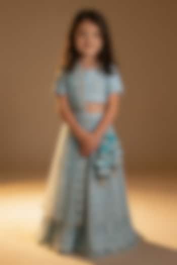 Blue Net Sequin Embroidered Lehenga Set For Girls by Fayon Kids at Pernia's Pop Up Shop
