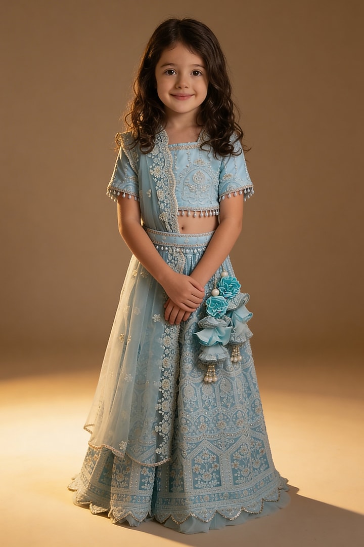 Blue Net Sequin Embroidered Lehenga Set For Girls by Fayon Kids at Pernia's Pop Up Shop