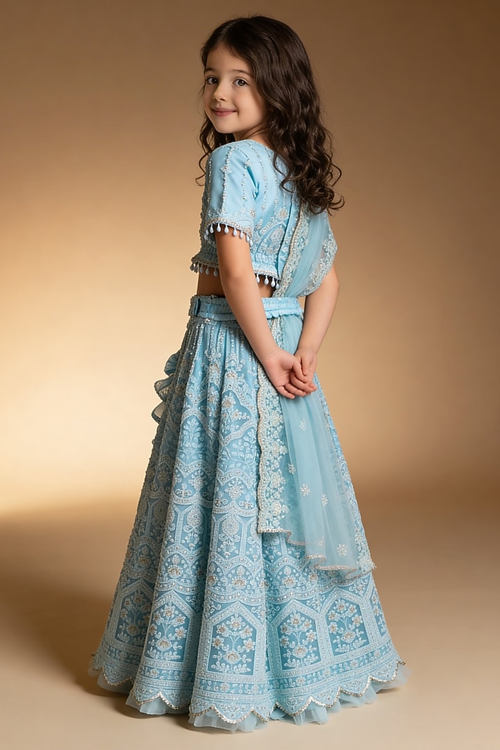 Blue Net Sequin Embroidered Lehenga Set For Girls by Fayon Kids at Pernia's Pop Up Shop