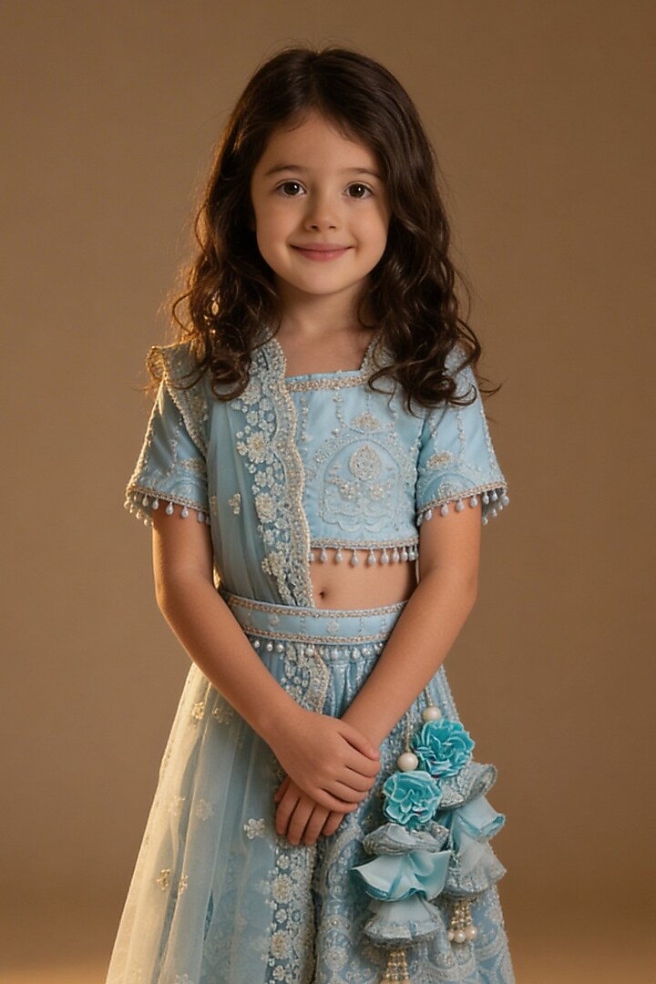 Blue Net Sequin Embroidered Lehenga Set For Girls by Fayon Kids at Pernia's Pop Up Shop