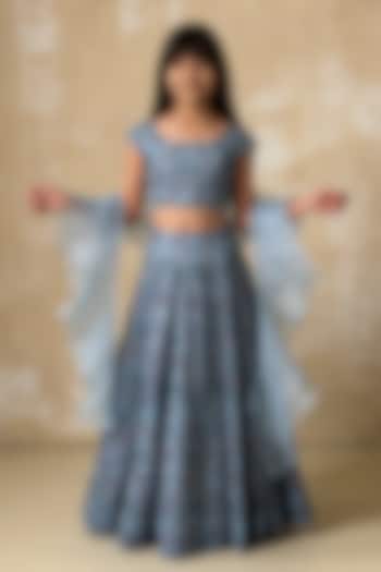 Blue Net Cutdana Embroidered Lehenga Set For Girls by Fayon Kids at Pernia's Pop Up Shop