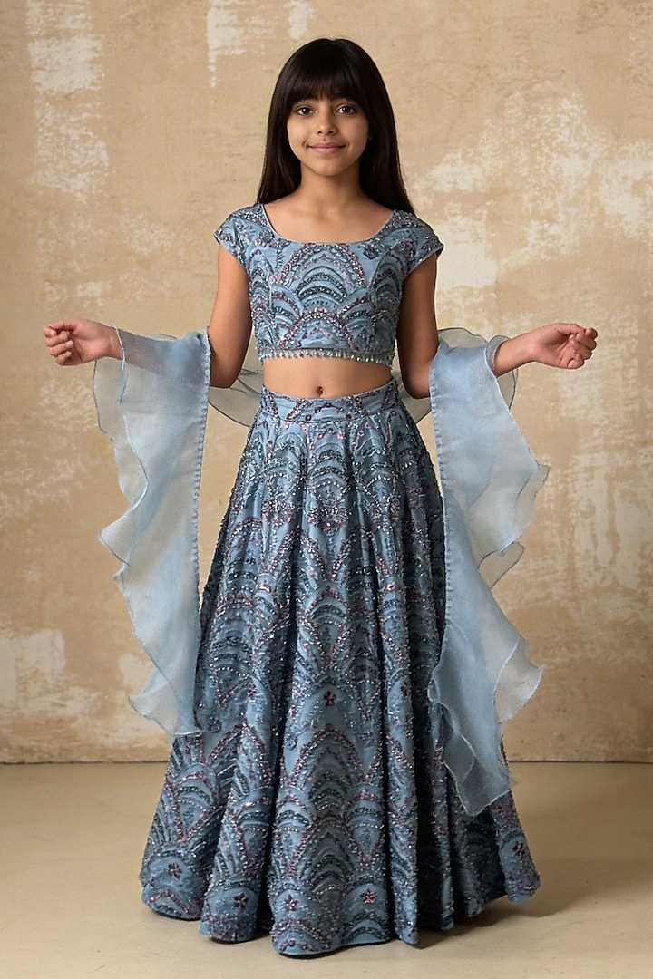 Blue Net Cutdana Embroidered Lehenga Set For Girls by Fayon Kids at Pernia's Pop Up Shop