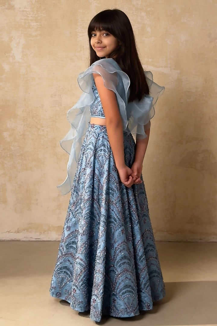Blue Net Cutdana Embroidered Lehenga Set For Girls by Fayon Kids at Pernia's Pop Up Shop