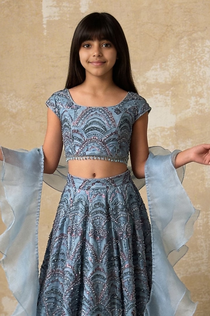 Blue Net Cutdana Embroidered Lehenga Set For Girls by Fayon Kids at Pernia's Pop Up Shop
