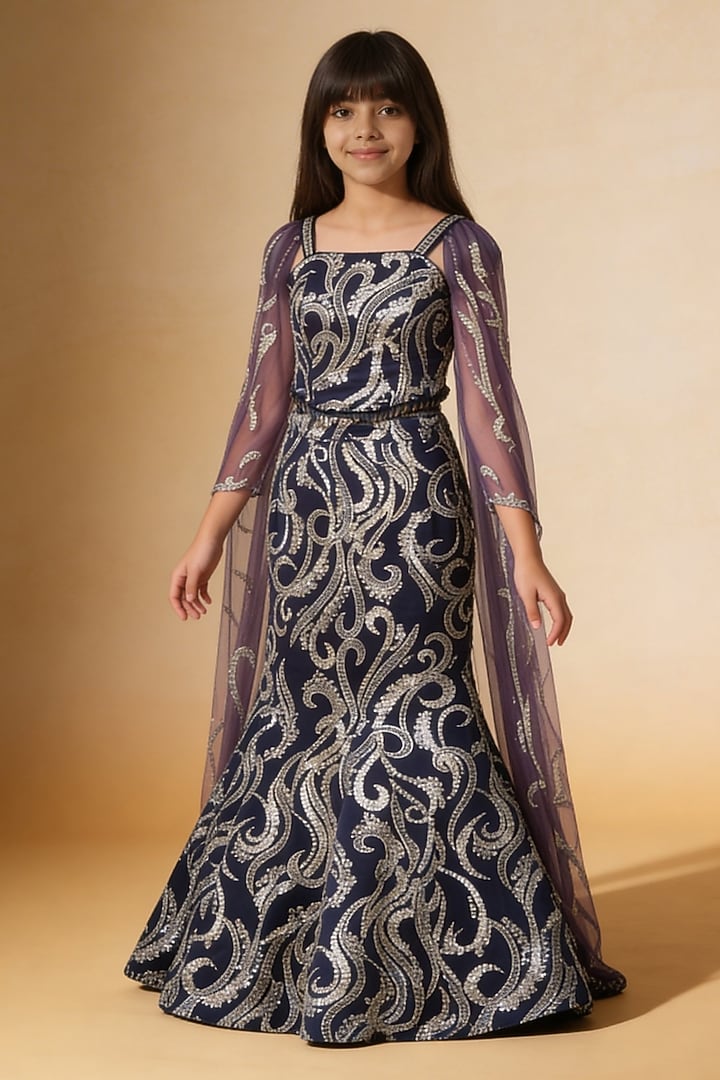 Purple Net Cutdana Embroidered Lehenga Set For Girls by Fayon Kids at Pernia's Pop Up Shop