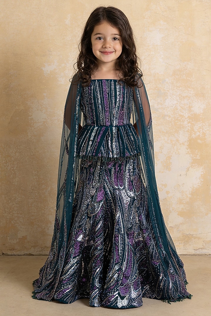 Green Net Cutdana Embroidered Lehenga Set For Girls by Fayon Kids at Pernia's Pop Up Shop