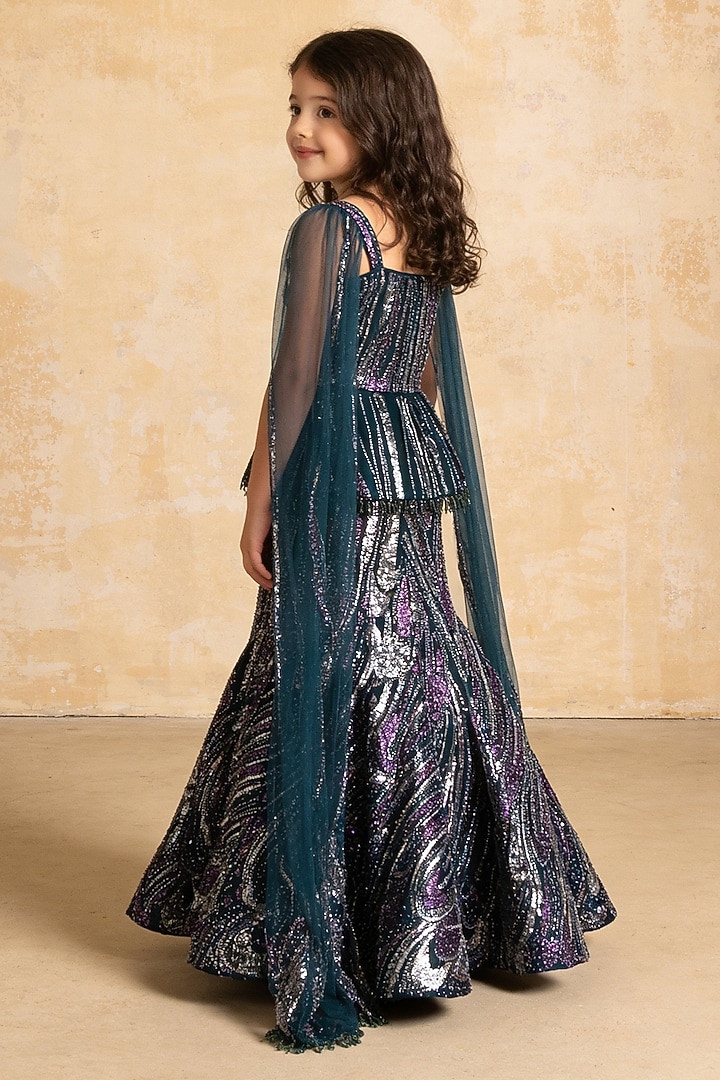 Green Net Cutdana Embroidered Lehenga Set For Girls by Fayon Kids at Pernia's Pop Up Shop