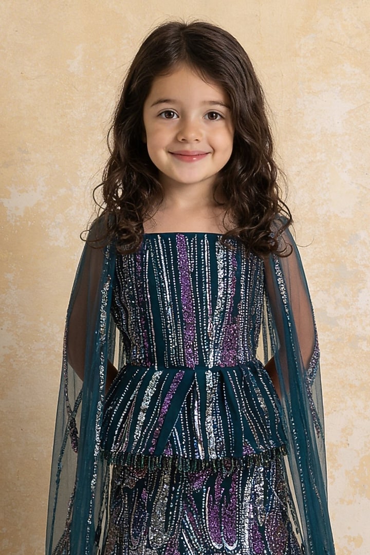 Green Net Cutdana Embroidered Lehenga Set For Girls by Fayon Kids at Pernia's Pop Up Shop