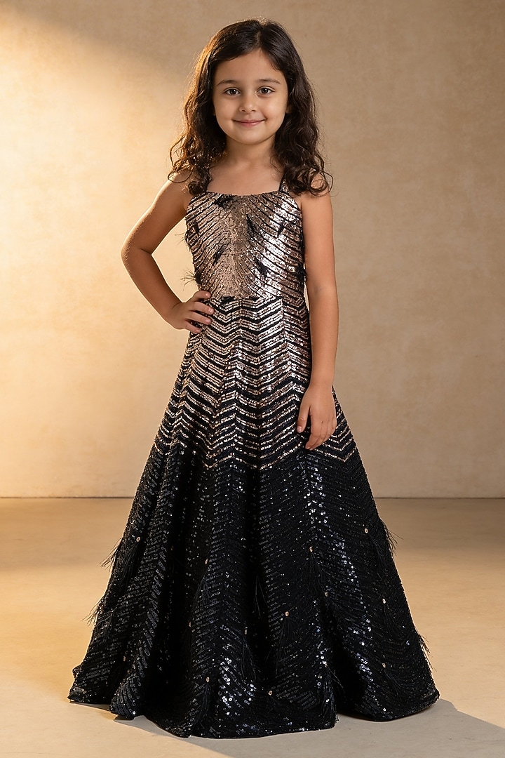 Gold & Black Net Sequin Embroidered Gown For Girls by Fayon Kids at Pernia's Pop Up Shop