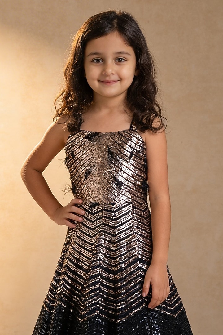Gold & Black Net Sequin Embroidered Gown For Girls by Fayon Kids at Pernia's Pop Up Shop