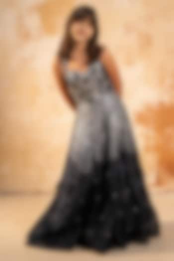 Silver & Black Net Sequin Embroidered Gown For Girls by Fayon Kids at Pernia's Pop Up Shop