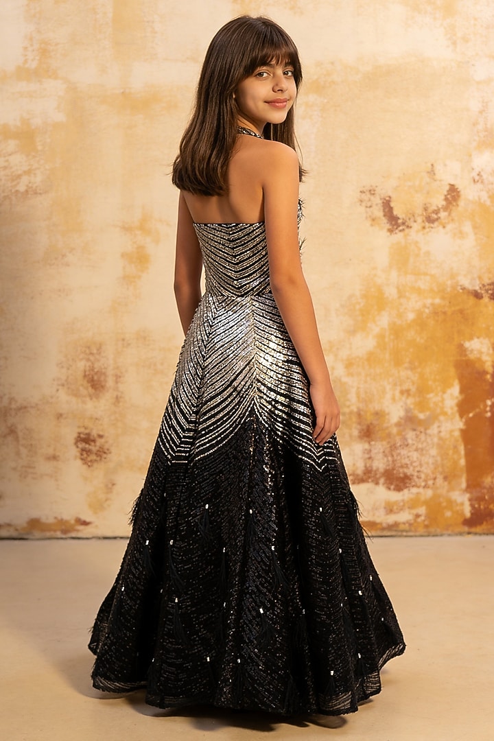 Silver & Black Net Sequin Embroidered Gown For Girls by Fayon Kids at Pernia's Pop Up Shop