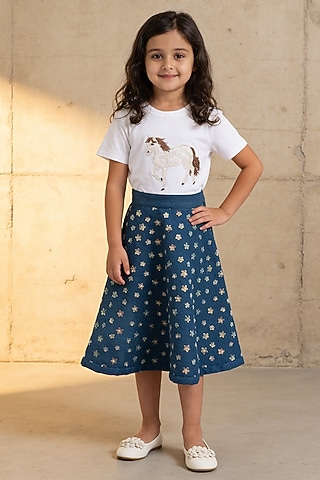 Blue Denim Embroidered Skirt Set For Girls by Fayon Kids