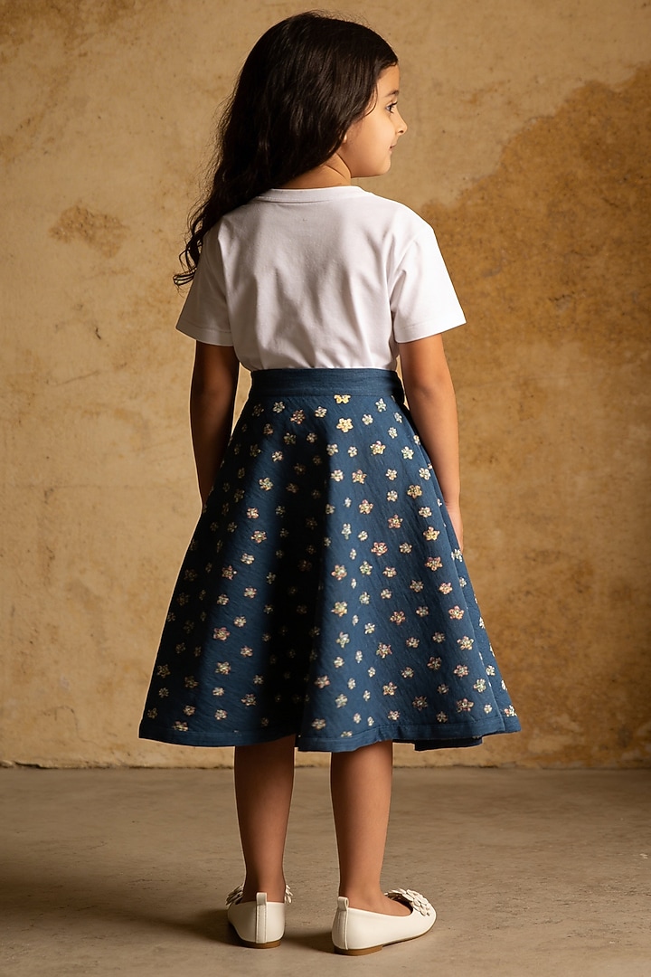 Blue Denim Embroidered Skirt Set For Girls by Fayon Kids at Pernia's Pop Up Shop