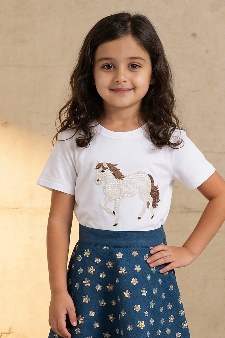 Blue Denim Embroidered Skirt Set For Girls by Fayon Kids at Pernia's Pop Up Shop
