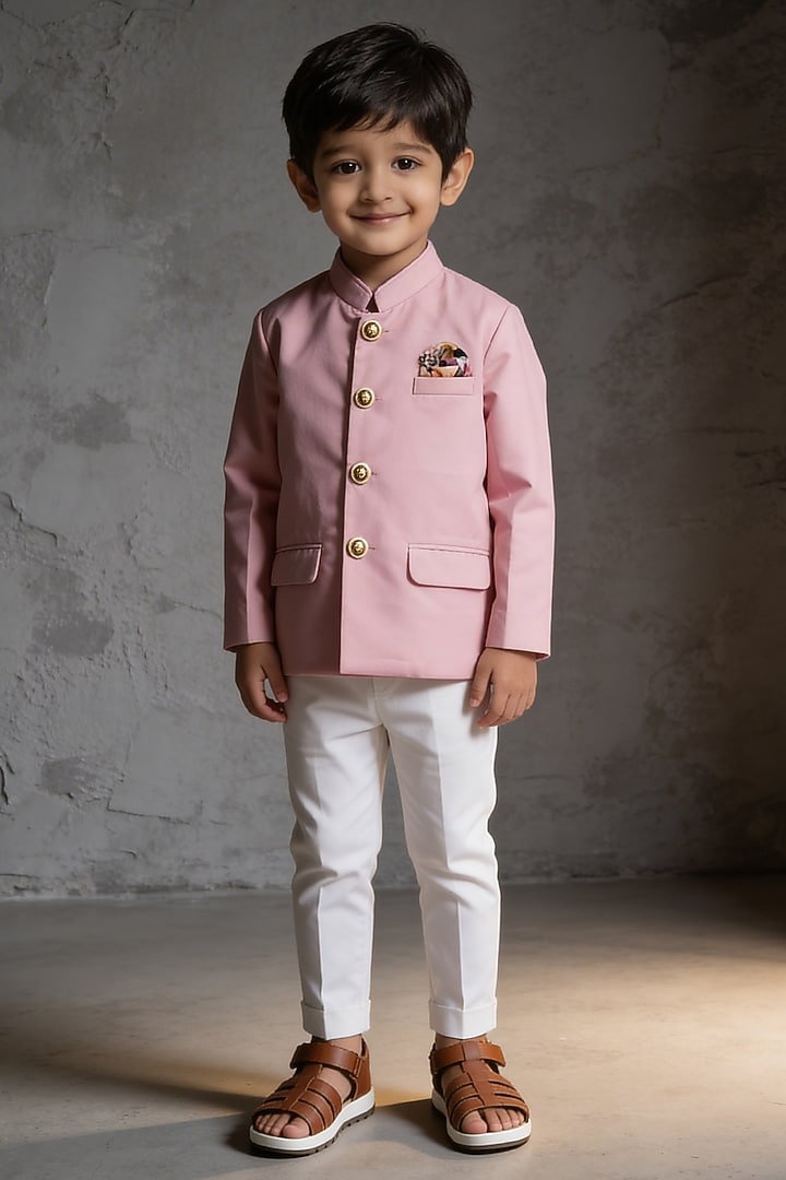 Pink Suiting Bandhgala Set For Boys by Fayon Kids at Pernia's Pop Up Shop