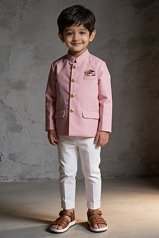 Pink Suiting Bandhgala Set For Boys by Fayon Kids
