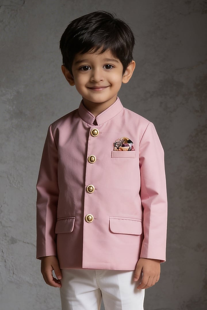 Pink Suiting Bandhgala Set For Boys by Fayon Kids at Pernia's Pop Up Shop