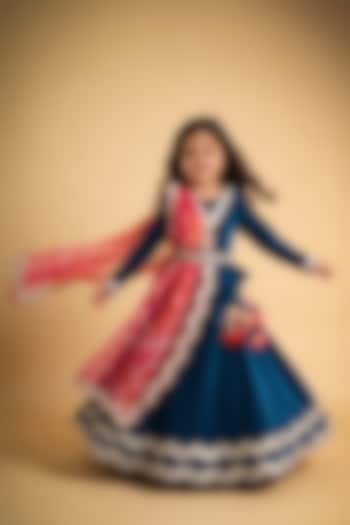 Teal Velvet Embroidered Lehenga Set For Girls by Fayon Kids at Pernia's Pop Up Shop