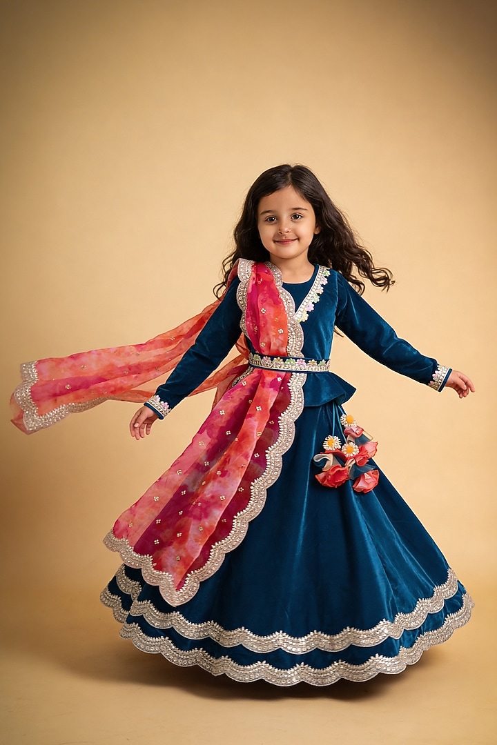 Teal Velvet Embroidered Lehenga Set For Girls by Fayon Kids at Pernia's Pop Up Shop