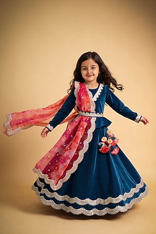 Teal Velvet Embroidered Lehenga Set For Girls by Fayon Kids