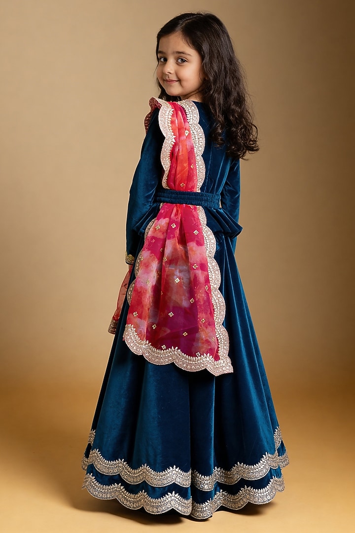 Teal Velvet Embroidered Lehenga Set For Girls by Fayon Kids at Pernia's Pop Up Shop