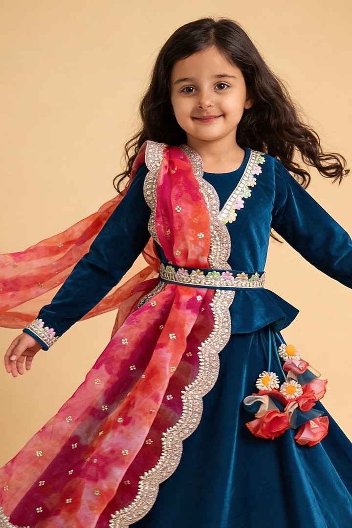 Teal Velvet Embroidered Lehenga Set For Girls by Fayon Kids at Pernia's Pop Up Shop