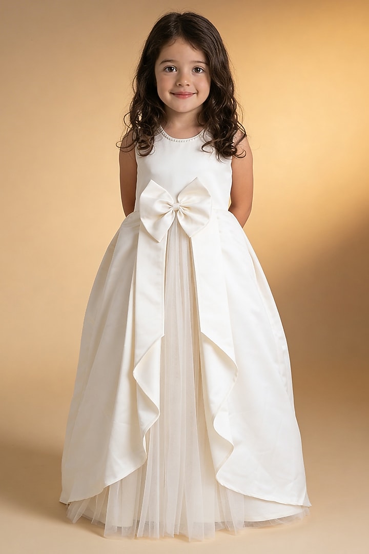 Off-White Satin & Net Gown For Girls by Fayon Kids at Pernia's Pop Up Shop
