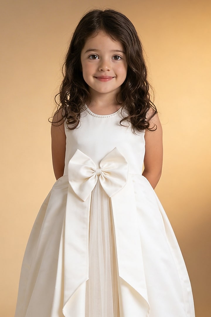 Off-White Satin & Net Gown For Girls by Fayon Kids at Pernia's Pop Up Shop