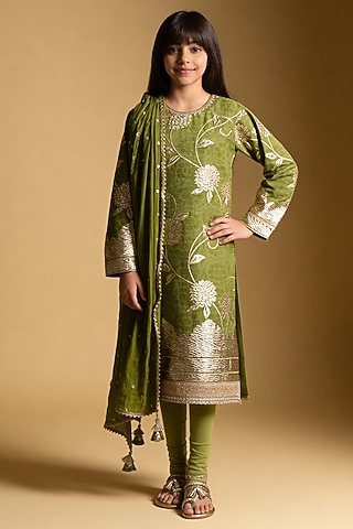 Green Brocade Embroidered Kurta Set For Girls by Fayon Kids