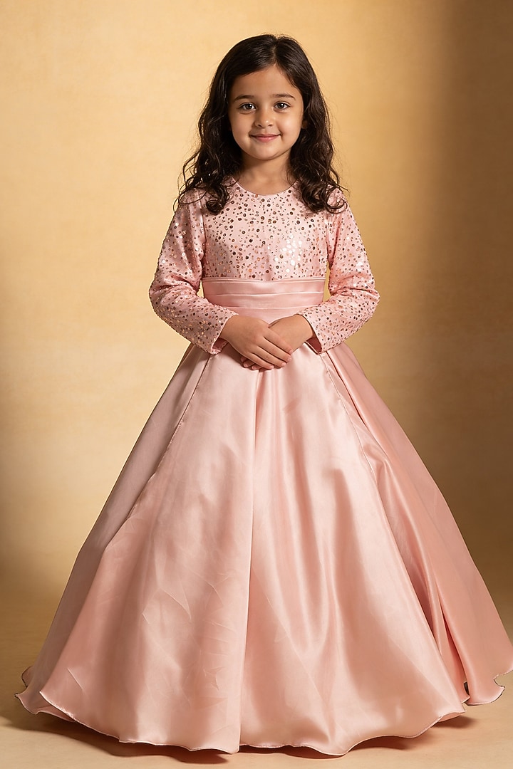Pink Satin & Net Sequin Embroidered Gown For Girls by Fayon Kids at Pernia's Pop Up Shop