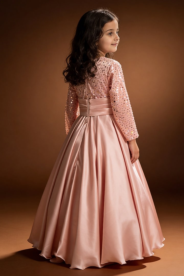 Pink Satin & Net Sequin Embroidered Gown For Girls by Fayon Kids at Pernia's Pop Up Shop