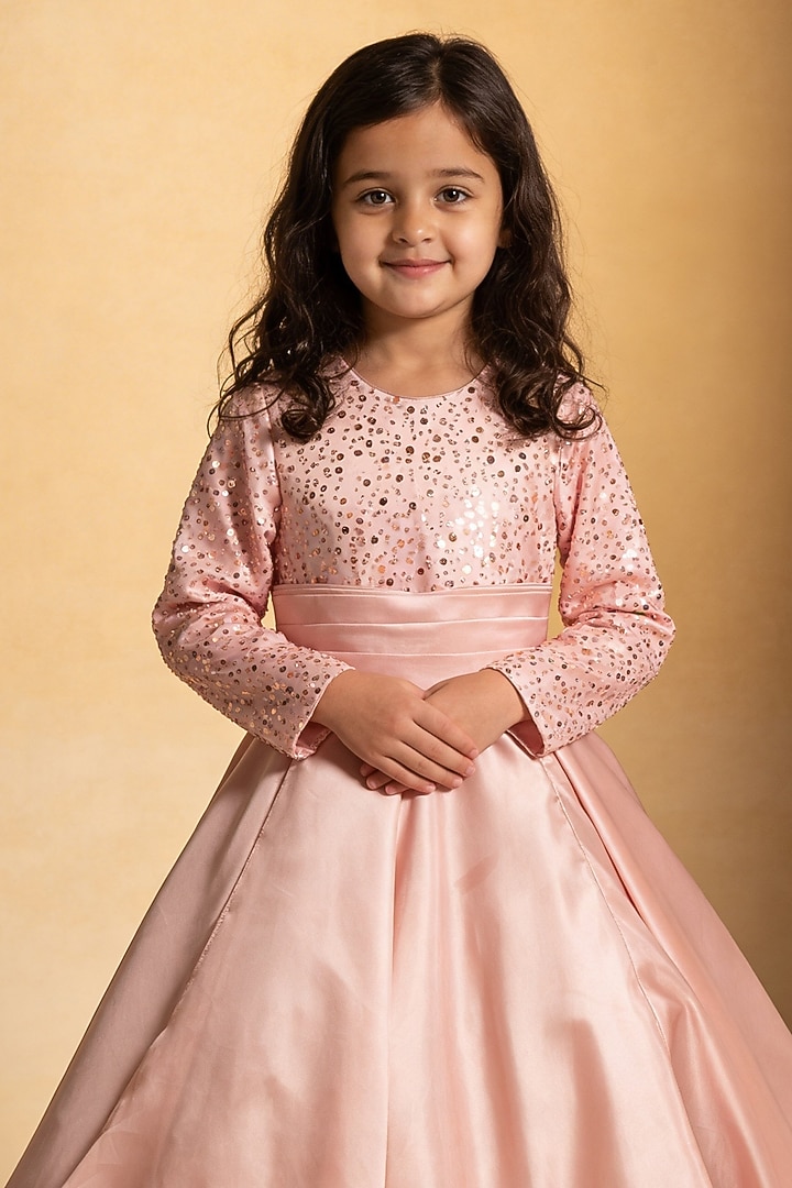 Pink Satin & Net Sequin Embroidered Gown For Girls by Fayon Kids at Pernia's Pop Up Shop