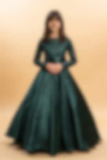 Green Satin & Net Sequin Embroidered Gown For Girls by Fayon Kids at Pernia's Pop Up Shop