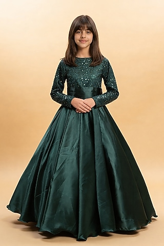Green Satin & Net Sequin Embroidered Gown For Girls by Fayon Kids