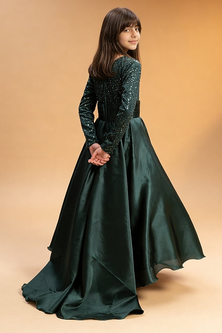 Green Satin & Net Sequin Embroidered Gown For Girls by Fayon Kids at Pernia's Pop Up Shop