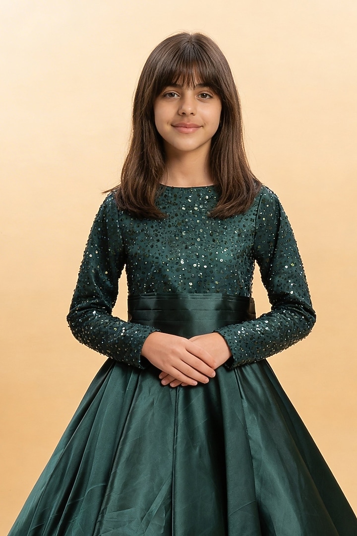 Green Satin & Net Sequin Embroidered Gown For Girls by Fayon Kids at Pernia's Pop Up Shop