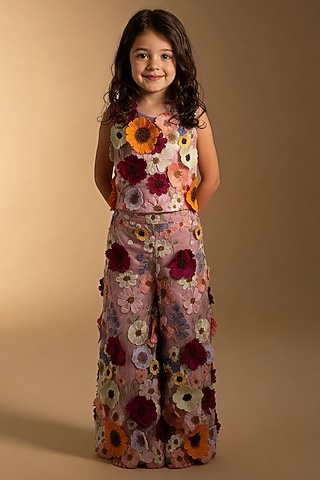 Pink Net 3D Floral Embroidered Palazzo Set For Girls by Fayon Kids