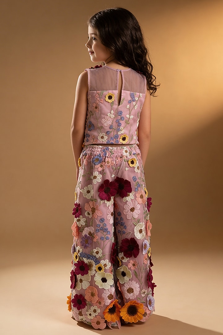 Pink Net 3D Floral Embroidered Palazzo Set For Girls by Fayon Kids at Pernia's Pop Up Shop