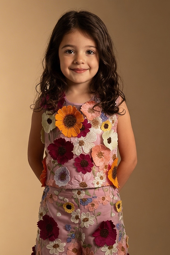 Pink Net 3D Floral Embroidered Palazzo Set For Girls by Fayon Kids at Pernia's Pop Up Shop