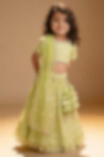 Green Net Sequin Embroidered Lehenga Set For Girls by Fayon Kids at Pernia's Pop Up Shop